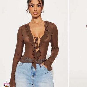 Fashion Nova Chocolate Ruffle Tie-Front Blouse